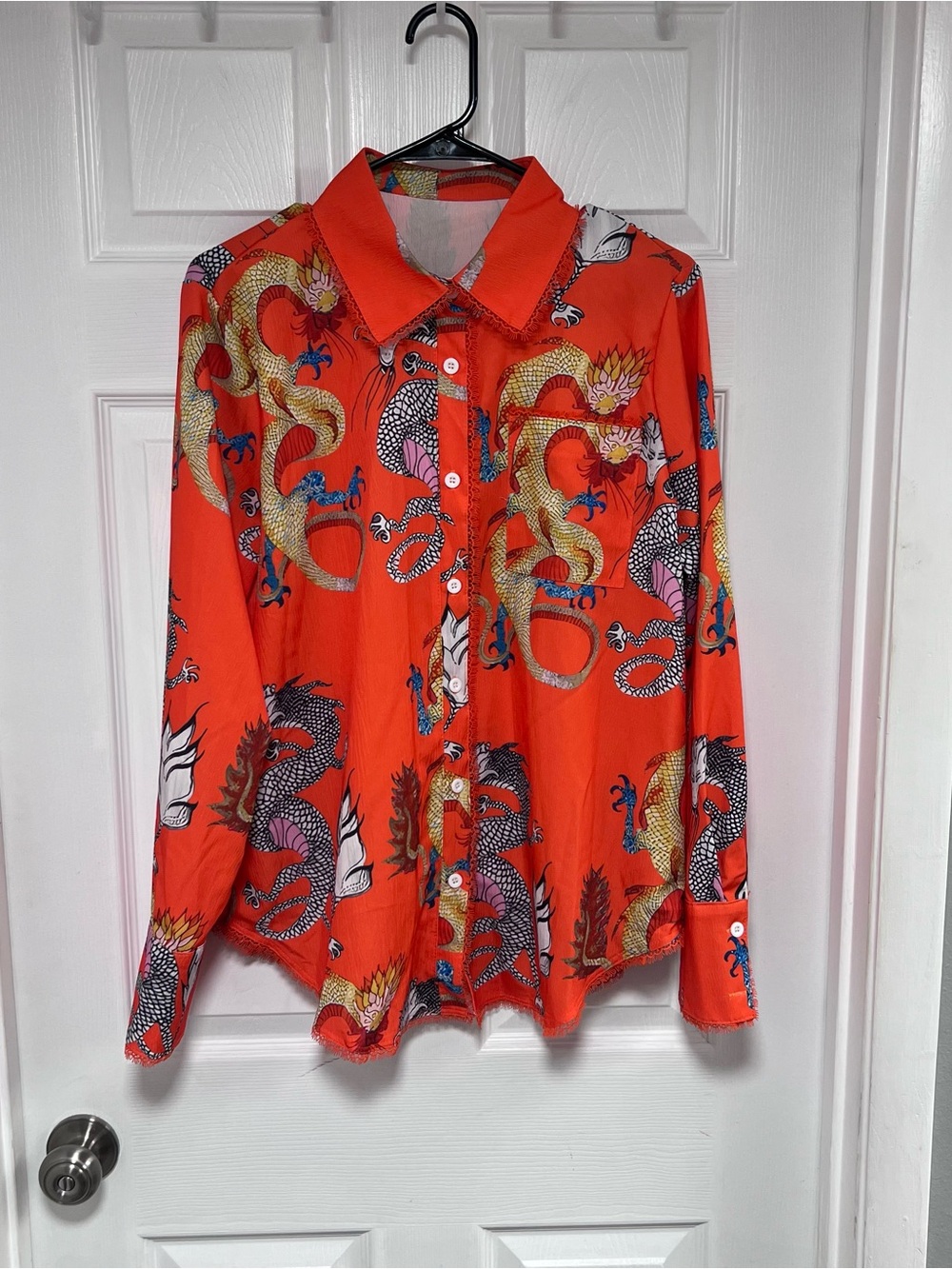 Women's Red-Orange Dragon Print Button-Down Shirt Size XL